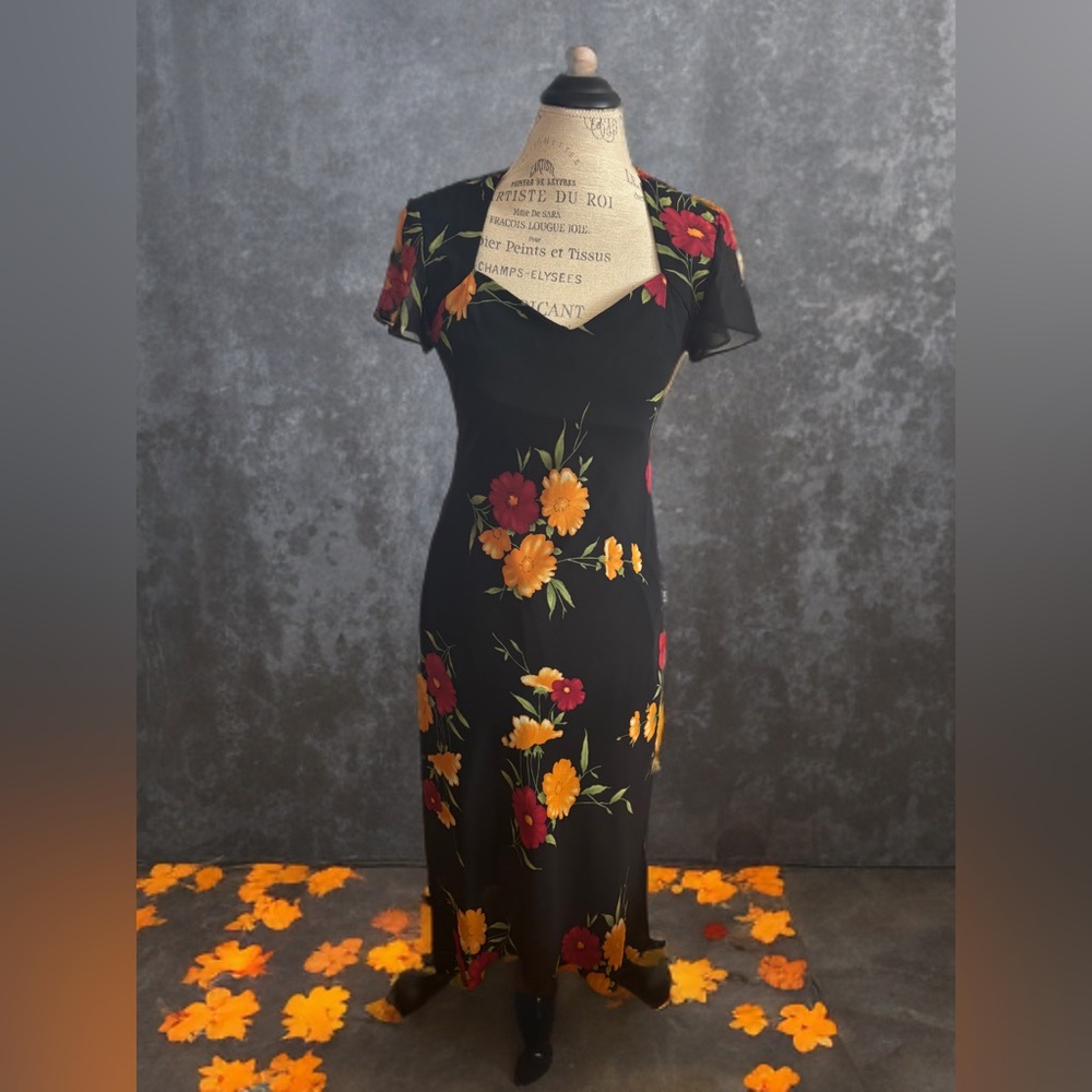 Floral Black Midi Dress with Red and Yellow Accents